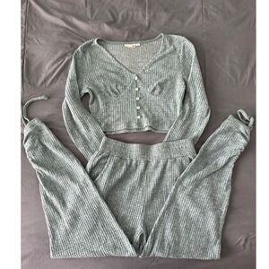 So Lounge Set Ribbed Cropped Cardigan Jogger Pants Sage Green Women's Medium